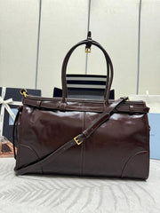 PRADA 25S BONNIE LARGE HANDBAG 38 IN DARK BROWN GLOSSY CALFSKIN GOLD HARDWRE