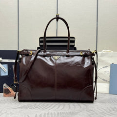 PRADA 25S BONNIE EXTRA-LARGE 42 IN DARK BROWN GLOSSY CALFSKIN GOLD HARDWARE