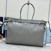 PRADA 25S LUX SOFT BAG 42 IN GRAY GLOSSY CALFSKIN GOLD HARDWARE