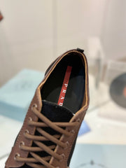 SNEAKERS IN BROWN LAMBSKIN AND BLACK CANVAS