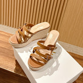 ATTITUDE WEDGE SLIDE 90MM IN BROWN ADJUSTABLE STRAPS CALFSKIN CANVAS SOLE