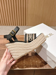 DWAY WEDGE SANDAL IN BLACK EMBROIDERED COTTON RAFFIA SOLE