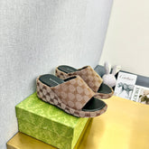 WEDGE SANDALS IN LIGHT BROWN MONOGRAM JACQUARD FABRIC