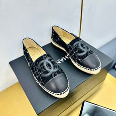 CC ESPADRILLES PLATFORM 25S IN BLACK TWEED AND LAMBSKIN WITH WHITE STRIPES
