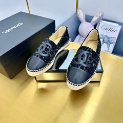 CC ESPADRILLES PLATFORM 25S IN BLACK TWEED AND LAMBSKIN WITH WHITE STRIPES