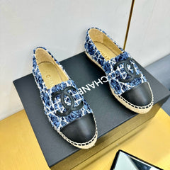 CC ESPADRILLES PLATFORM 25S IN BLUE TWEED MIX BLACK CALFSKIN