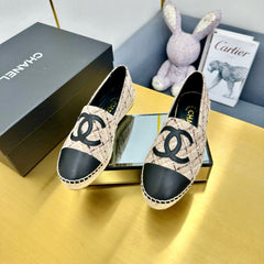 CC ESPADRILLES PLATFORM 25S IN LIGHT BEIGE TWEED MIX BLACK CALFSKIN WITH PLAID PATTERN