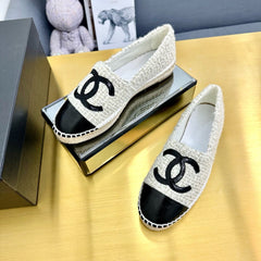 CC ESPADRILLES PLATFORM 25S IN WHITE TWEED MIX BLACK GLOSSY LEATHER