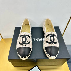 CC ESPADRILLES PLATFORM 25S IN LIGHT BEIGE TWEED MIX BLACK CALFSKIN WITH LINED PATTERN