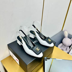 CC SLINGBACK 25S IN WHITE MIX BLACK CALFSKIN WITH GOLD HARDWARE