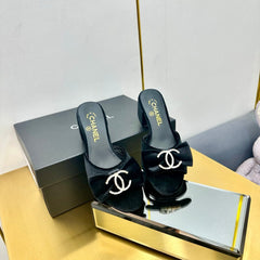 BOWKNOT RHINESTONES MID HEEL MULE IN BLACK VELVET