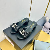 BOWKNOT RHINESTONES MID HEEL MULE IN BLACK CALFSKIN