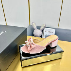 BOWKNOT RHINESTONES MID HEEL MULE IN LIGHT PINK VELVET