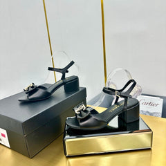 BOWKNOT RHINESTONES MID HEEL SANDAL IN BLACK CALFSKIN