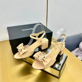 BOWKNOT RHINESTONES MID HEEL SANDAL IN FLAX YELLOW LAMBSKIN