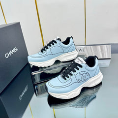 TRAINERS SNEAKER IN LIGHT BLUE CALFSKIN WITH BLACK EMBROIDERED