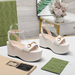 GG Horsebit Wedges Sandals White