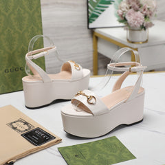 GG Horsebit Wedges Sandals White