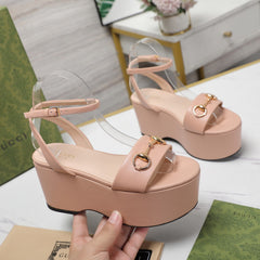 GG Horsebit Wedges Sandals Pink