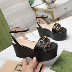 GG Horsebit Wedges Sandals Black