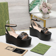 GG Horsebit Wedges Sandals Black