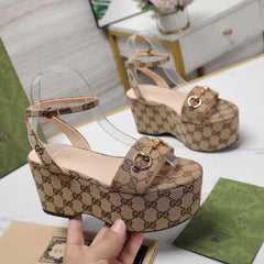GG Horsebit Wedges Sandals Brown