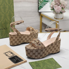 GG Horsebit Wedges Sandals Brown