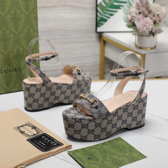 GG Horsebit Wedges Sandals Grey