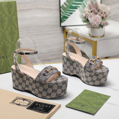 GG Horsebit Wedges Sandals Light Grey