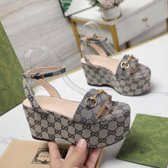 GG Horsebit Wedges Sandals Light Grey
