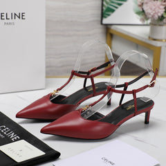 HIGH 5 CM SLINGBACK IN CHERRY RED CALFSKIN WITH GOLD LOGO