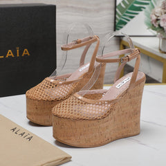 ALAIA WEDGE SANDAL IN FRENCH BEIGE MESH AND BEIGE RUBBER