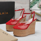 ALAIA WEDGE SANDAL IN CHERRY RED MESH AND BEIGE RUBBER