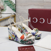 GG WEDGE HEEL SANDALS 100 IN WHITE FABRIC FLORAL PRINT