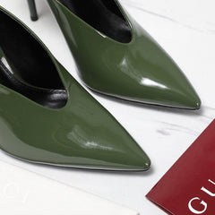 GG HEELED MULES 105 IN ARMY GREEN CALFSKIN