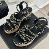 Double C Wooden Chain Platform Block Heel Sandals White Caro/ Black