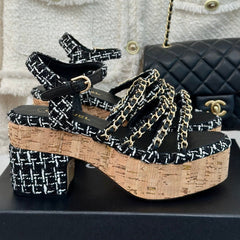 Double C Wooden Chain Platform Block Heel Sandals White Caro/ Black