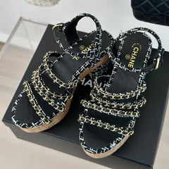 Double C Wooden Chain Platform Block Heel Sandals White Caro/ Black