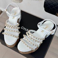 Double C Wooden Chain Platform Block Heel Sandals White
