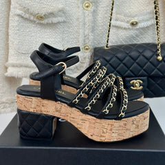 Double C Wooden Chain Platform Block Heel Sandals Black