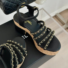 Double C Wooden Chain Platform Block Heel Sandals Black