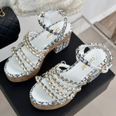 Double C Wooden Chain Platform Block Heel Sandals Black Caro/ White