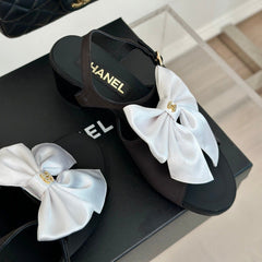 Double CC Big Bow High Sandal Sheepskin Black White