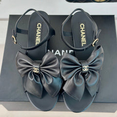 Double CC Big Bow High Sandal Sheepskin Black