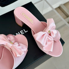 Double CC Big Bow High Heels Sheepskin Light Pink