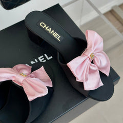 Double CC Big Bow High Heels Sheepskin Light Pink / Black