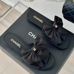 Double CC big bow flat sandals Sheepskin Black