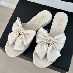 Double CC big bow flat sandals Sheepskin White Cream