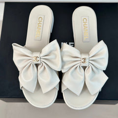 Double CC big bow flat sandals Sheepskin White Cream