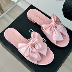 Double CC big bow flat sandals Sheepskin Light Pink